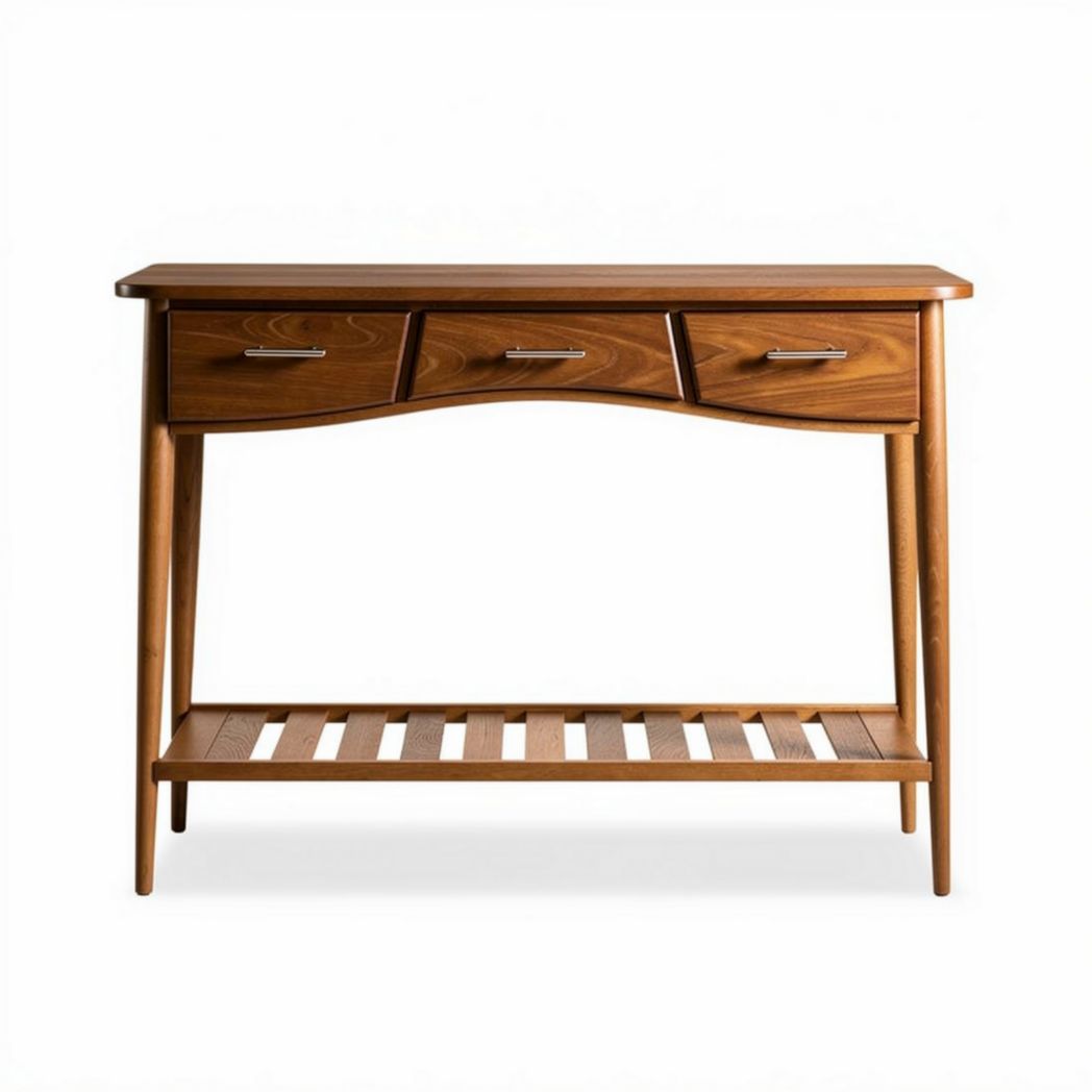 Table console en bois de chêne couleur noisette avec trois tiroirs dimensions 90 x 40 x 75 cm