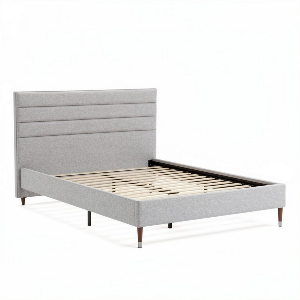 Lit en tissu gris avec cadre en bois dimensions 200 x 160 x 30cm