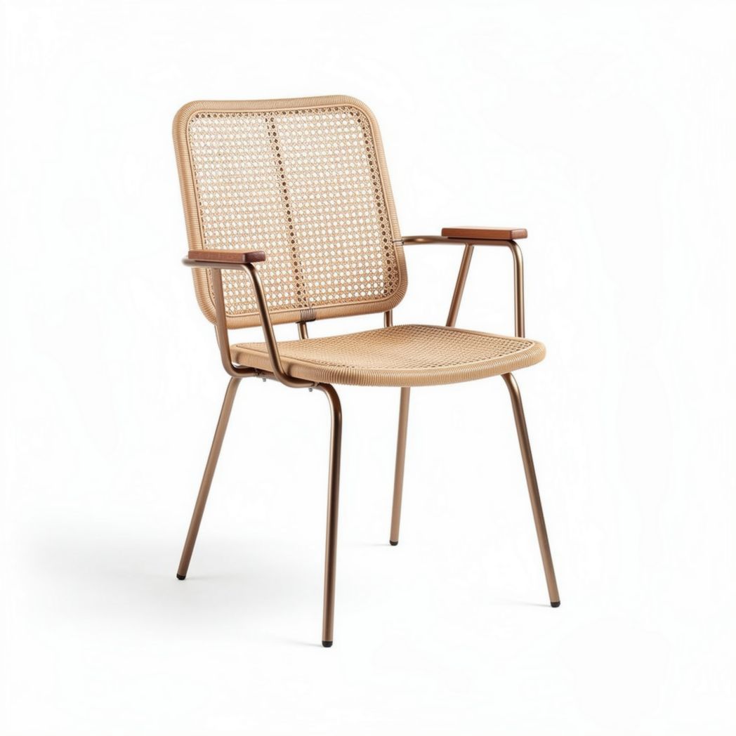 Chaise en rotin et métal aux accoudoirs finition bois dimensions 40 x 45 x 80cm