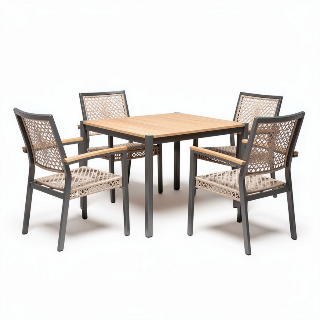 Table carrée en aluminium et bois avec quatre chaises en résine tressée 150 x 150 x 75cm